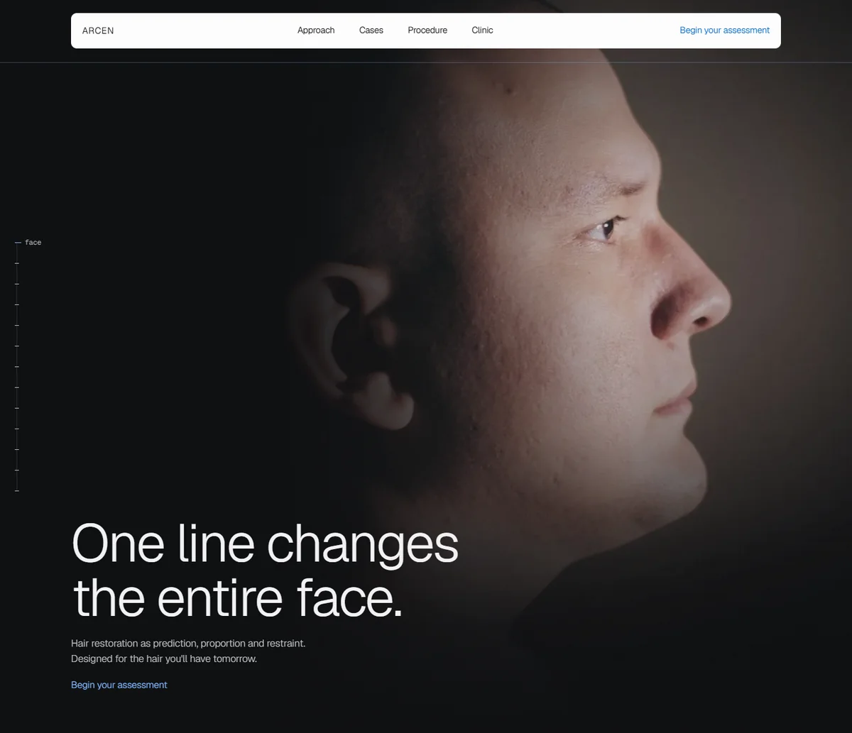 Arcen homepage: a profile portrait in low light with the line One line changes the entire face.