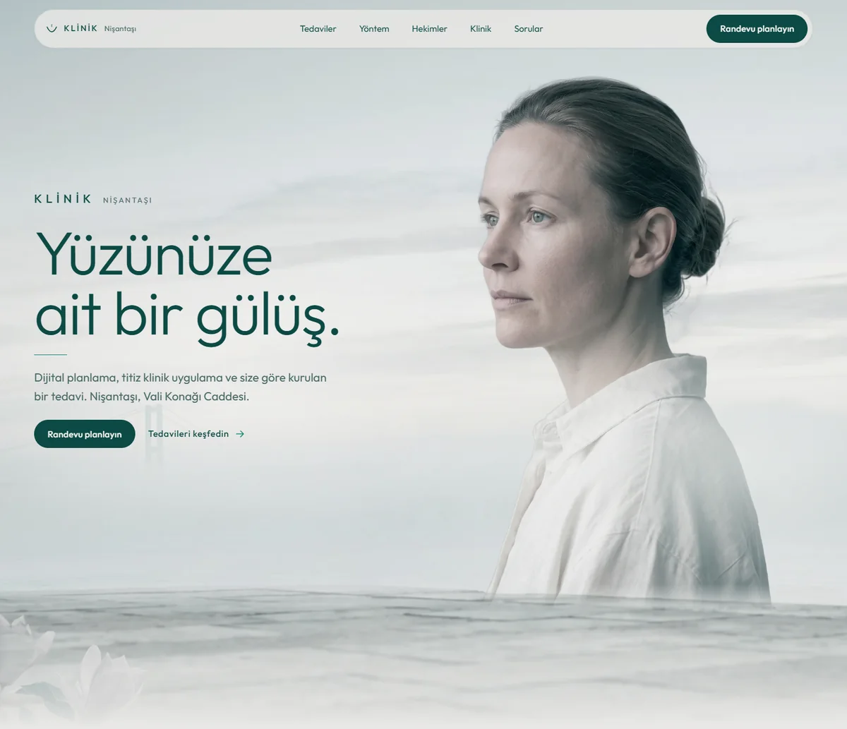 Klinik Nişantaşı homepage: a woman in white against a pale Bosphorus sky.