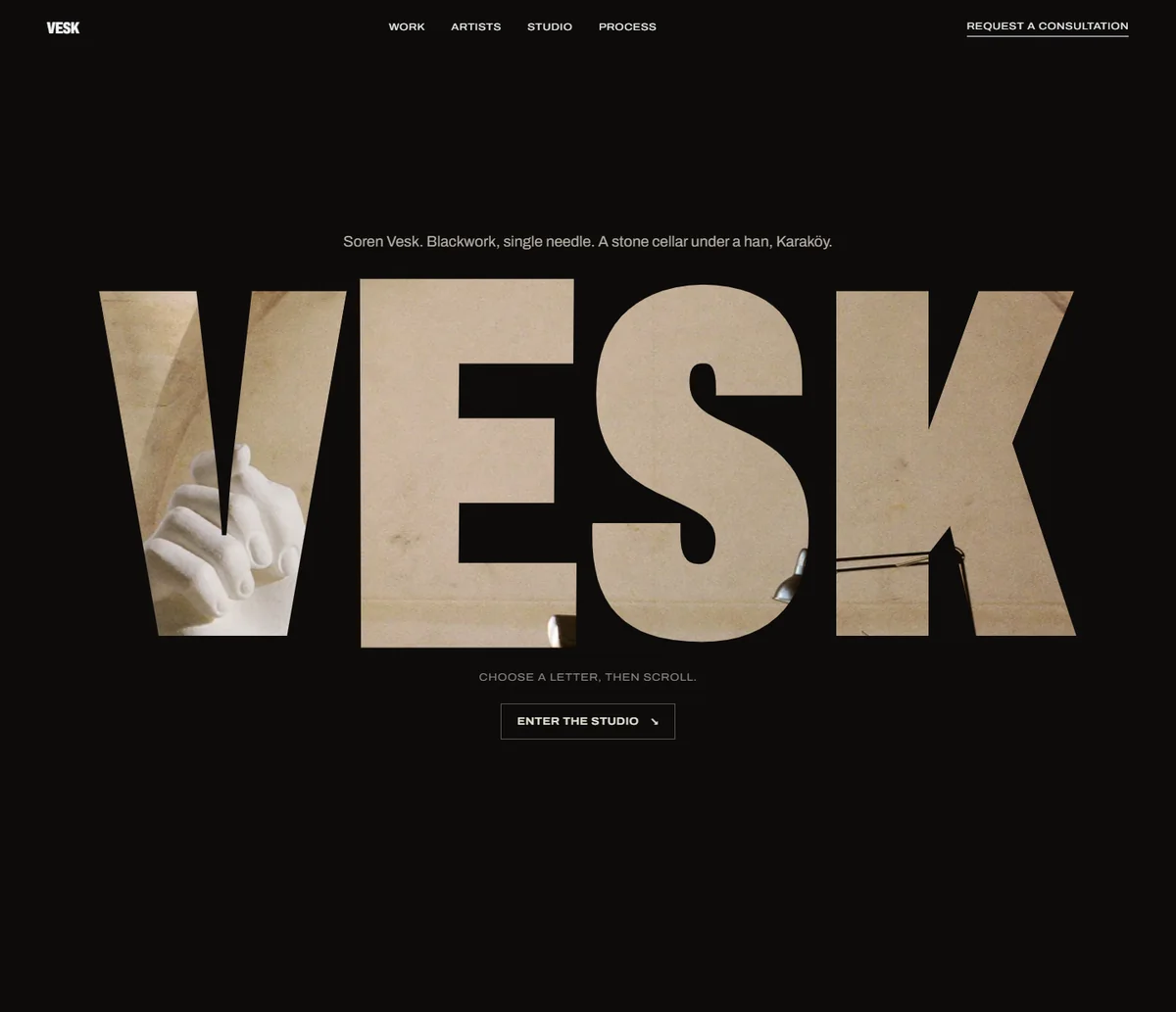 Vesk homepage: the word VESK cut out of a photograph of the studio, on black.