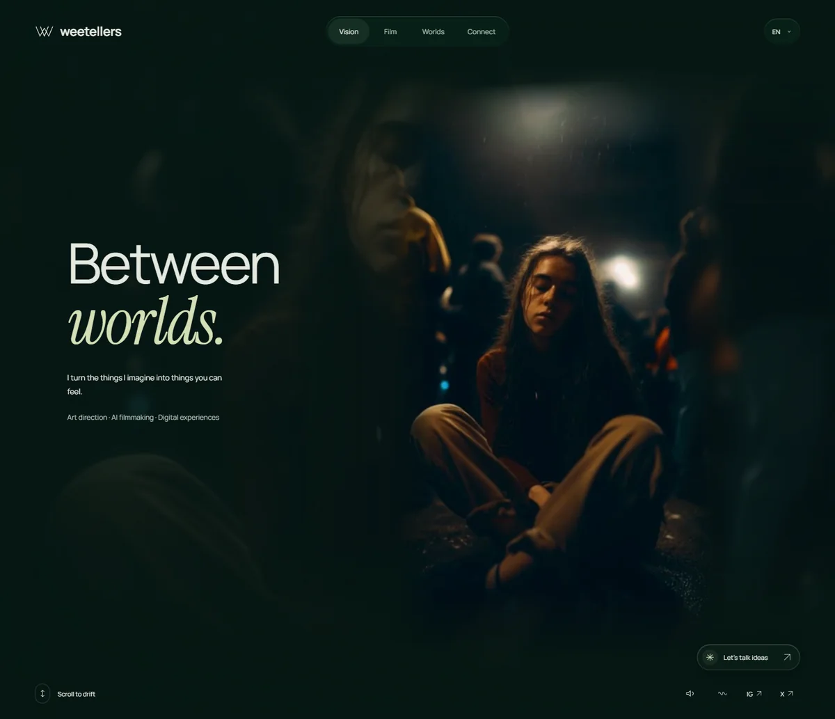 Weetellers homepage: a seated figure in cinema light beside the line Between worlds.